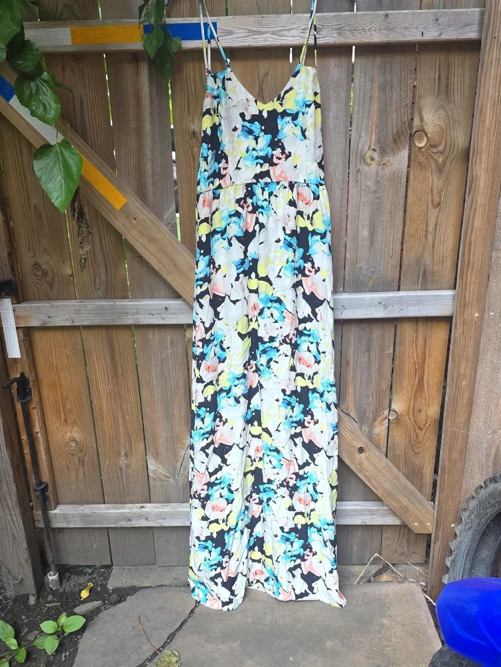 Black Floral Maxi Dress with Blue, Yellow & Pink Accents